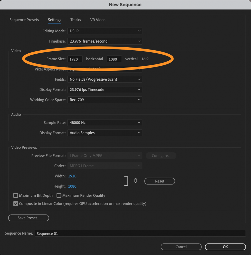 New sequence settings window