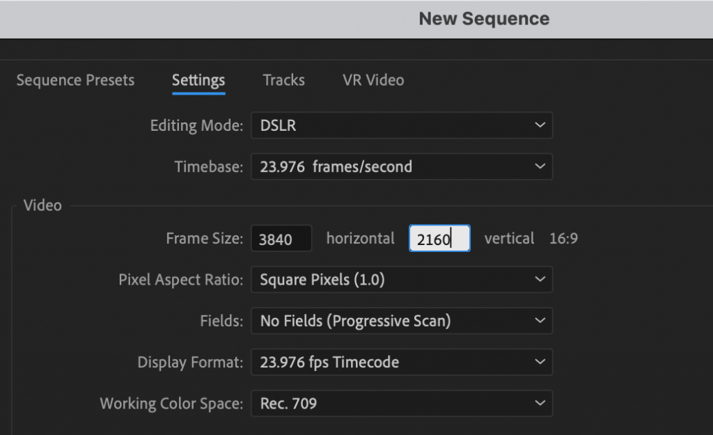 New sequence settings window in Premiere Pro