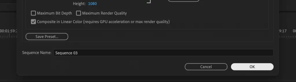 Ok button to create new sequence in premiere pro