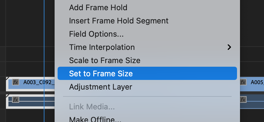Set to Frame Size window in Premiere Pro