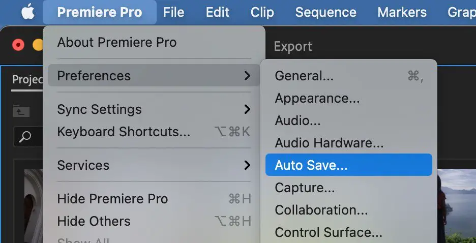 Auto Save location in Premiere Pro Preferences menu